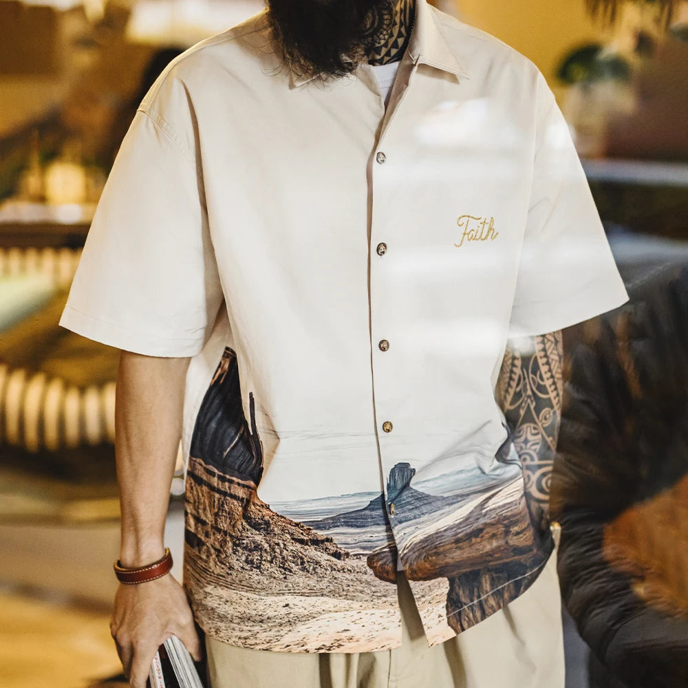 Men's Short-Sleeve Printed Shirt with "Faith" Embroidery