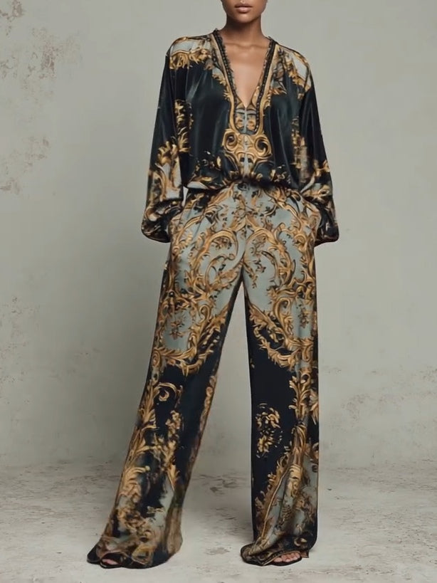 Baroque Floral Print Top and Wide Leg Trouser Set photo 2