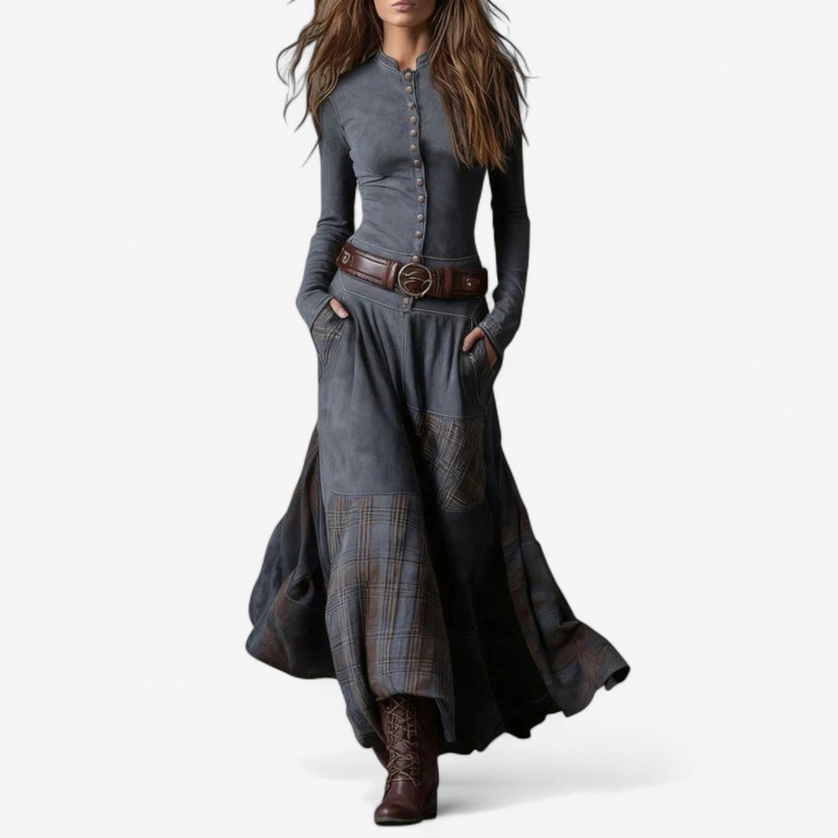Bettina Women's Long Tartan Patchwork Dress with Buttons, photo 7