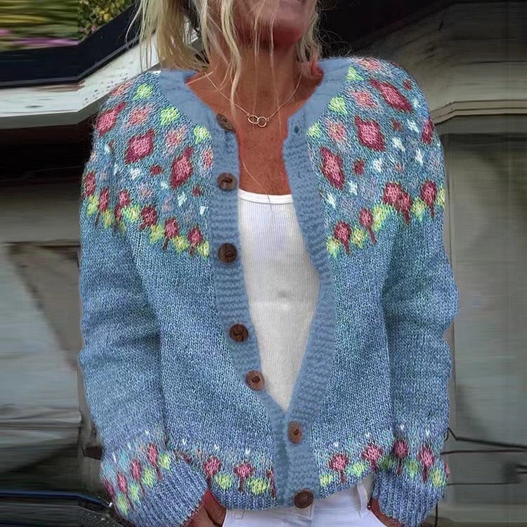 Bonnie Women's Cardigan with Buttons and a Nordic Knit Pattern and a Floral Print, photo 1