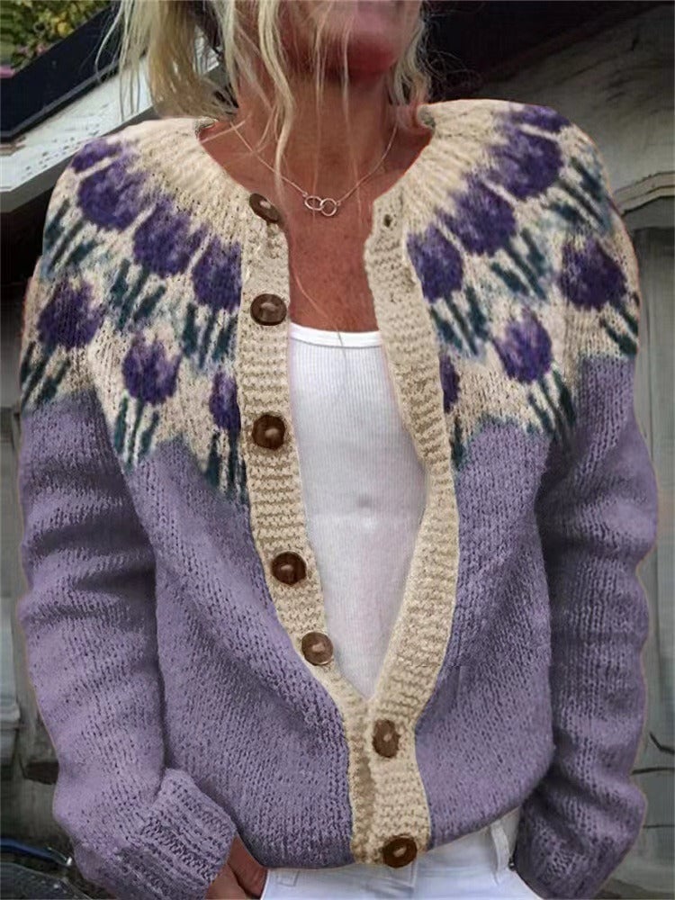 Carina Women's Cardigan with Buttons and a Nordic Knit Pattern and a Floral Print, photo 1