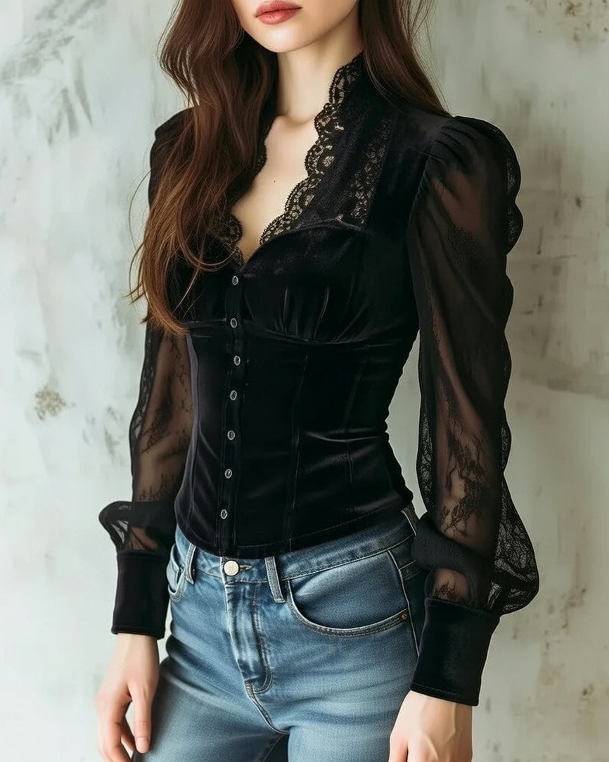 Estelle Women's Blouse in a Slim Fit with a V-neck and Lace, photo 2