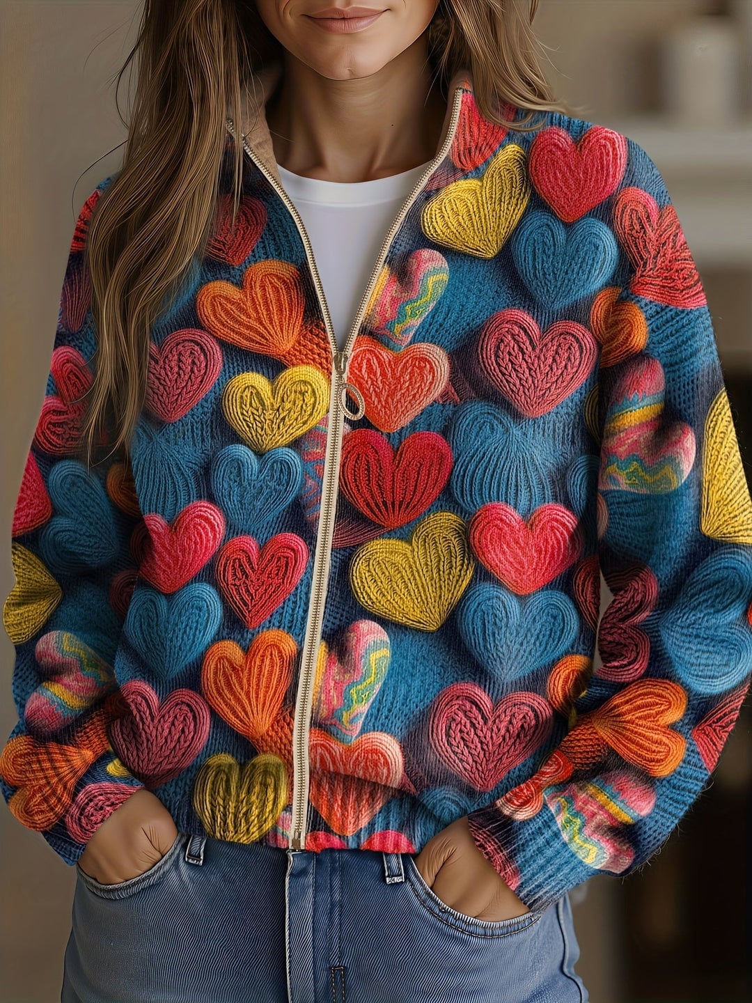 Kara Women's Sweater in Knit with a Stand Collar and an All-over Print, photo 1