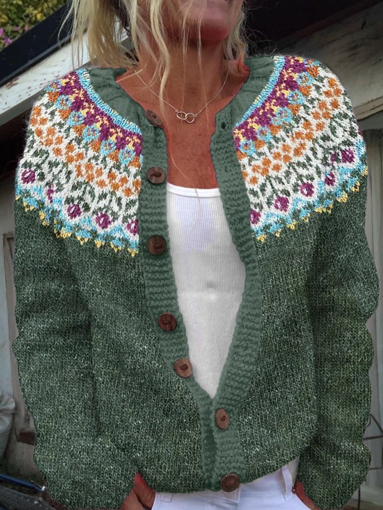 Mina Women's Cardigan with Buttons and a Nordic Knit Pattern and a Floral Print, photo 1