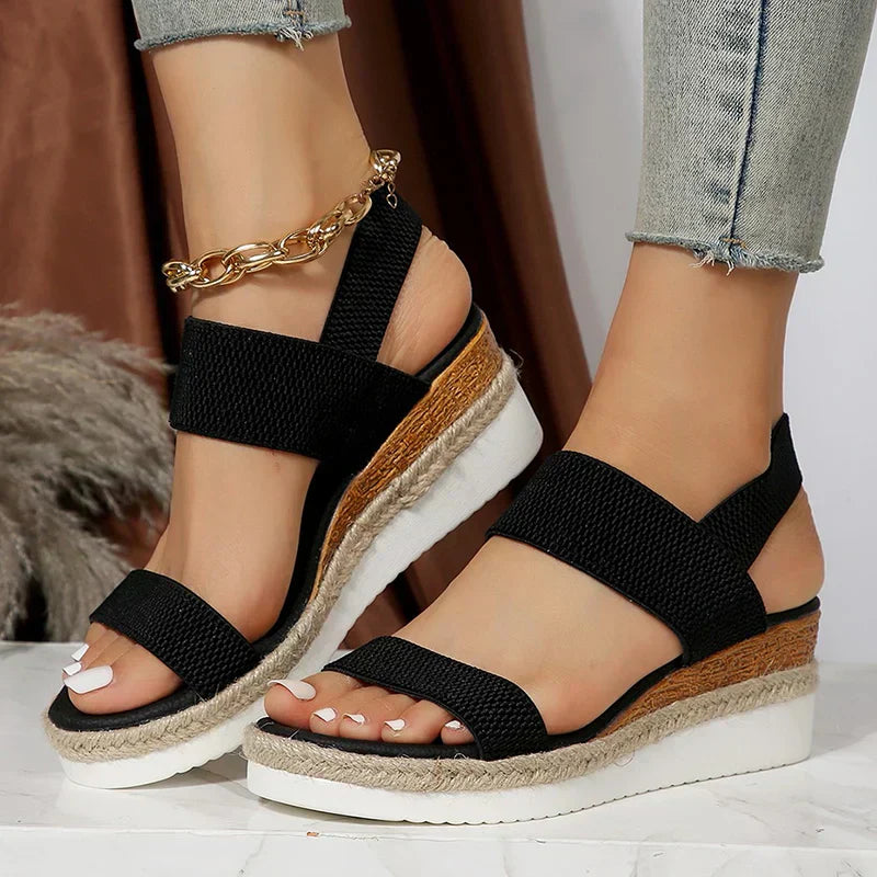 Olivia Women's Sandals with an Elasticated Waist and a Wedge Heel in Brown, photo 6