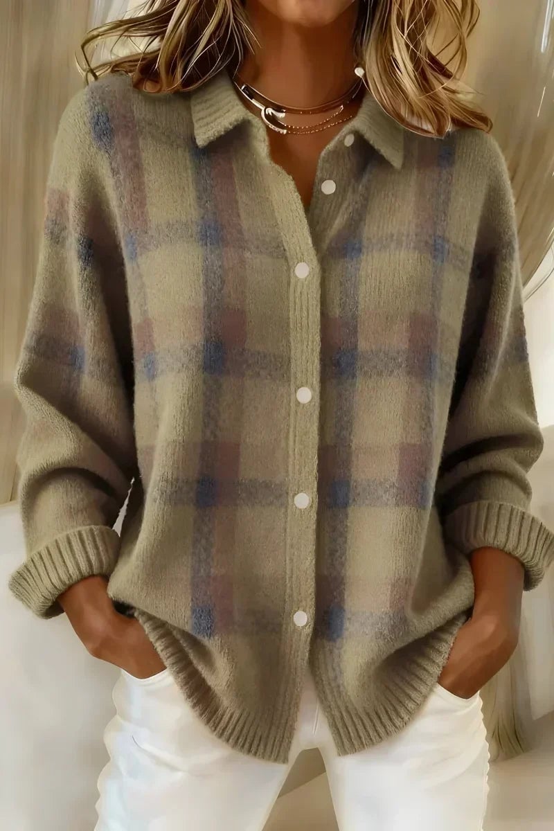 Sable Women's Cardigan in Knit with Buttons and a Check Pattern in Brown, photo 1