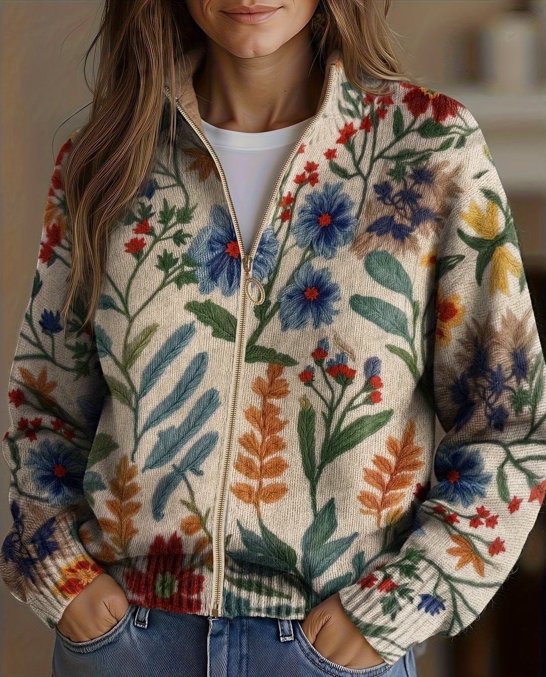 Tess Women's Cardigan in Knit with a Zip and a Floral Print and Pockets, photo 1