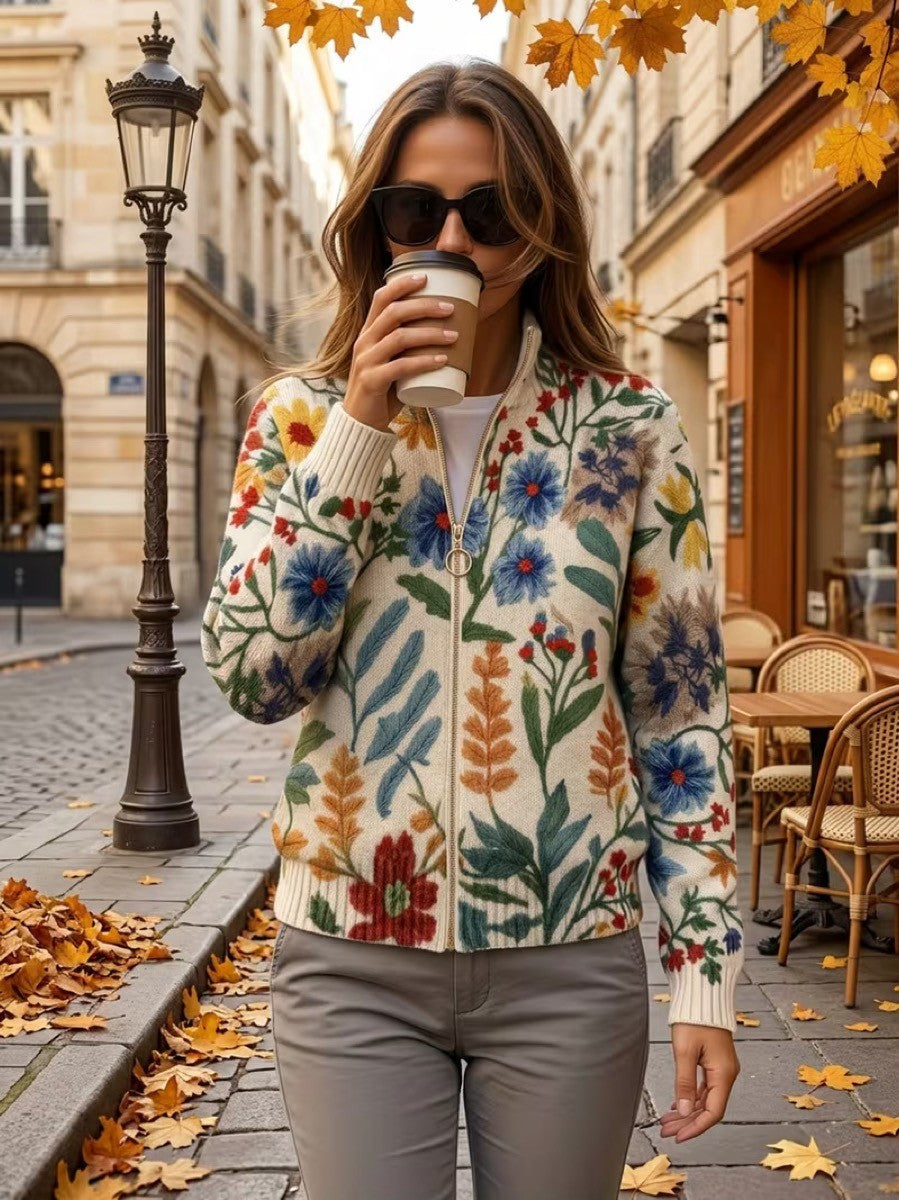 Tess Women's Cardigan in Knit with a Zip and a Floral Print and Pockets, photo 6