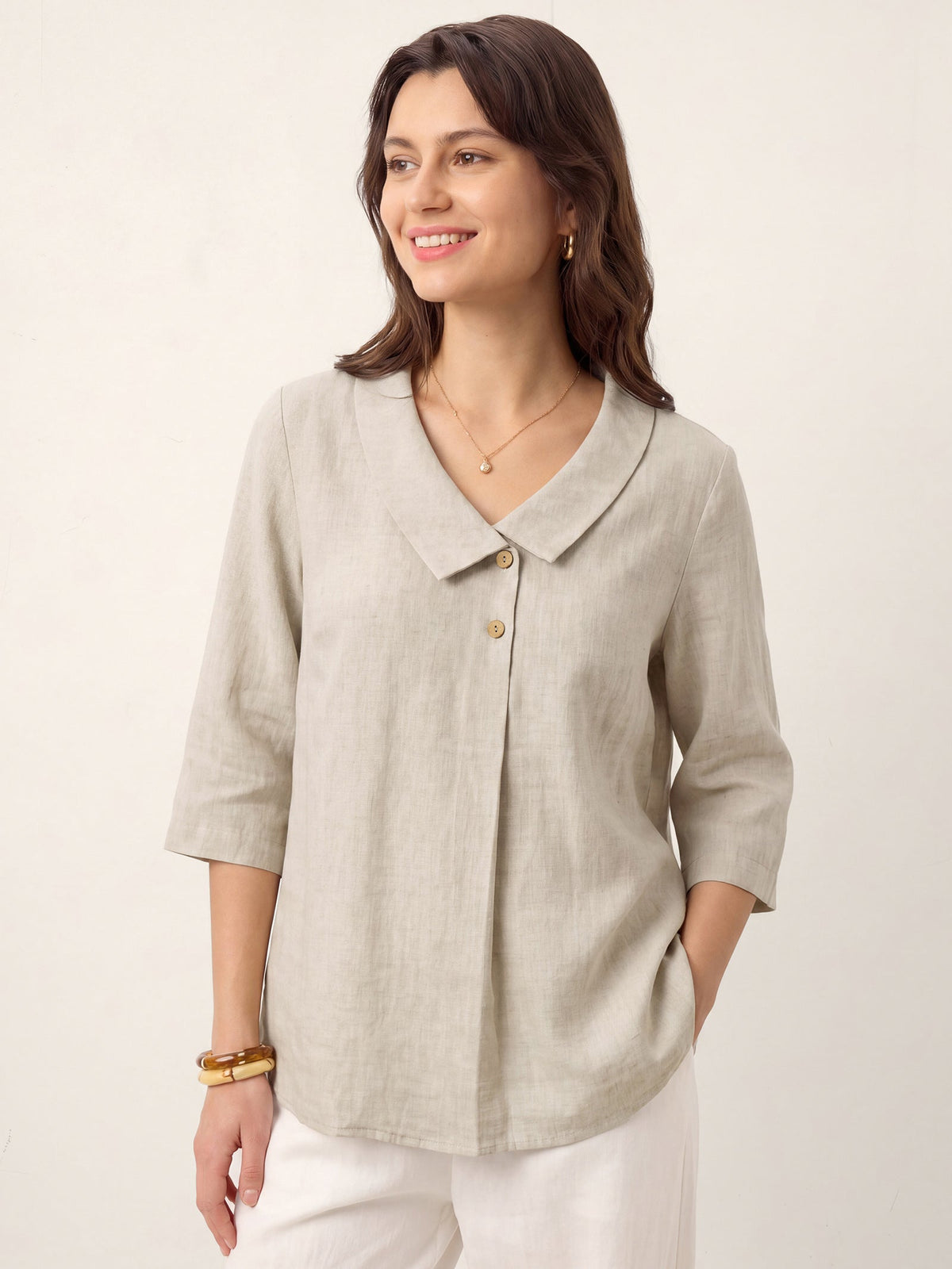 Ottilie | Linen Top with Asymmetric Collar and Inverted Pleat photo 21