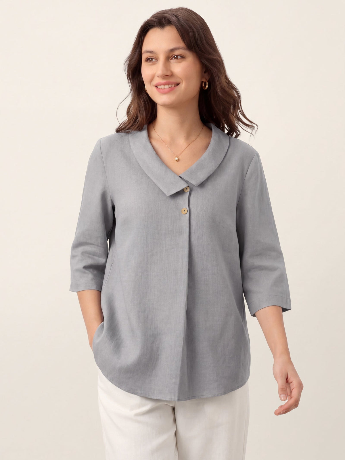 Ottilie | Linen Top with Asymmetric Collar and Inverted Pleat photo 50