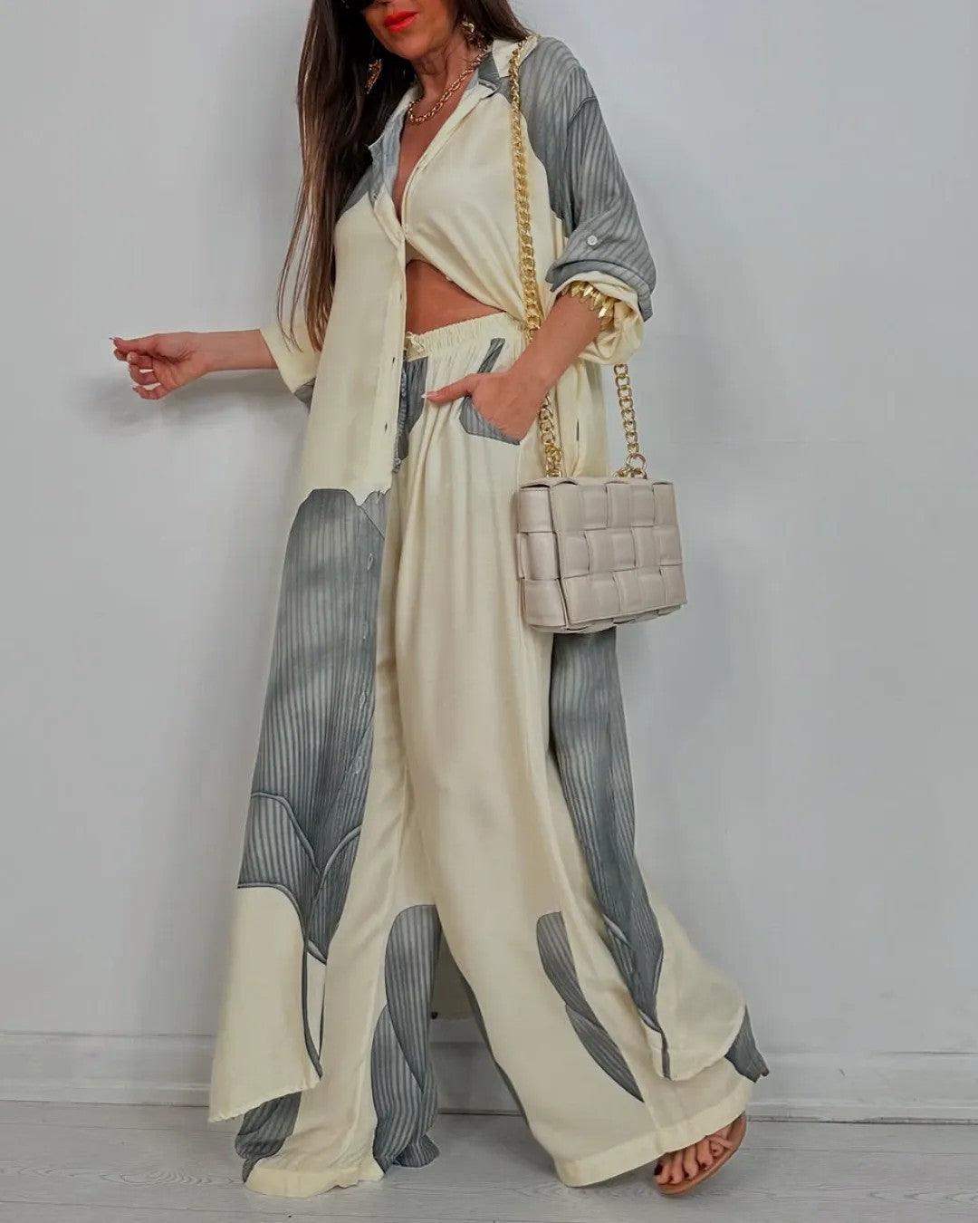 V Neck Top and Patchwork Trouser Set