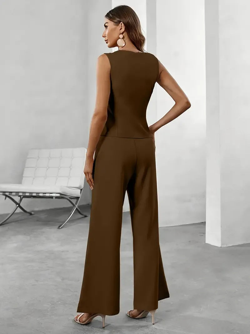 Women's Structured Vest Jacket with Wide-Leg Pants