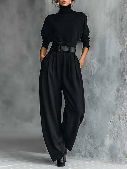 Black Turtleneck Top and Straight Pant Set with Belt