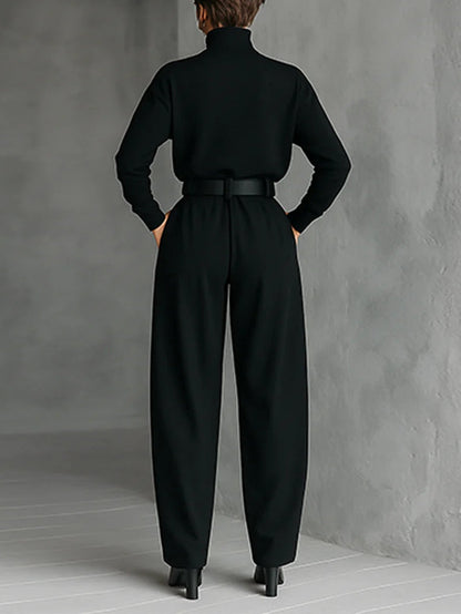 Black Turtleneck Top and Straight Pant Set with Belt photo 2
