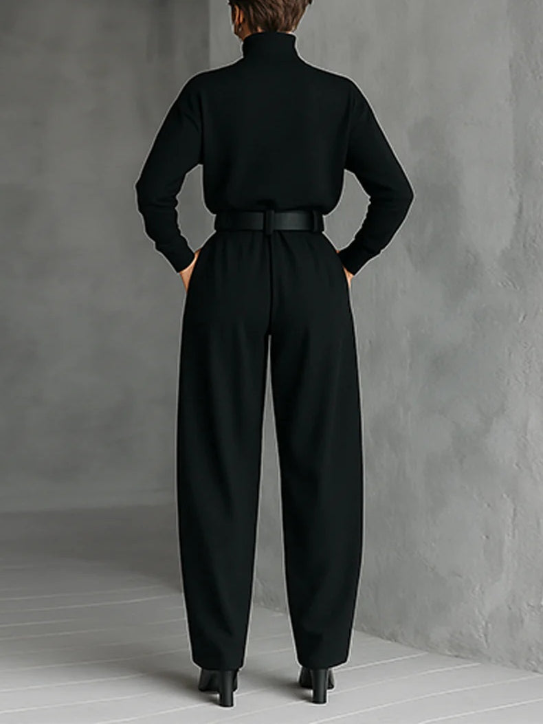 Black Turtleneck Top and Straight Pant Set with Belt photo 2