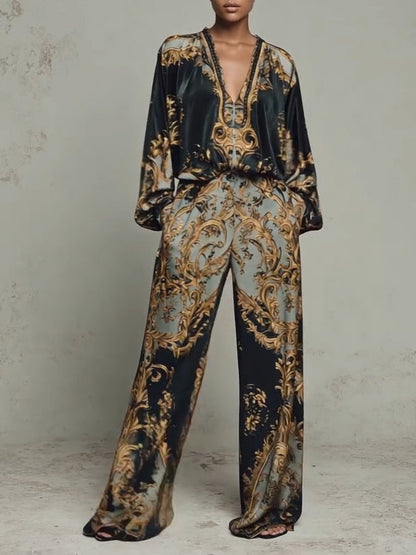 Baroque Floral Print Top and Wide Leg Trouser Set photo 2
