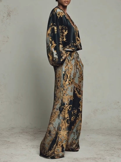 Baroque Floral Print Top and Wide Leg Trouser Set photo 3