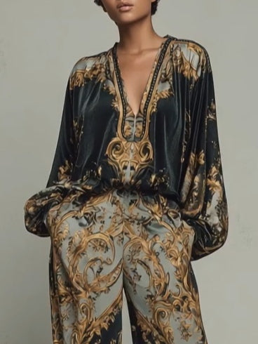 Baroque Floral Print Top and Wide Leg Trouser Set photo 4