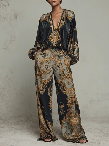 Baroque Floral Print Top and Wide Leg Trouser Set