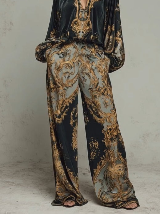 Baroque Floral Print Top and Wide Leg Trouser Set photo 5