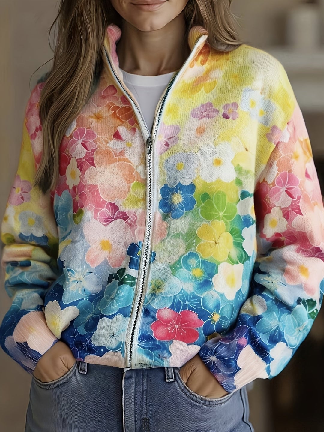Aurelia Women's Cardigan in Ribbed Knit with a Zip and a Floral Print, photo 1