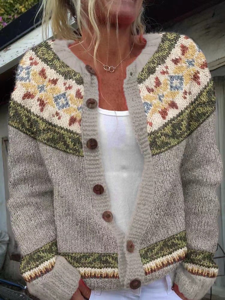 Barbara Women's Cardigan with Buttons and a Nordic Knit Pattern and a Floral Print, photo 1