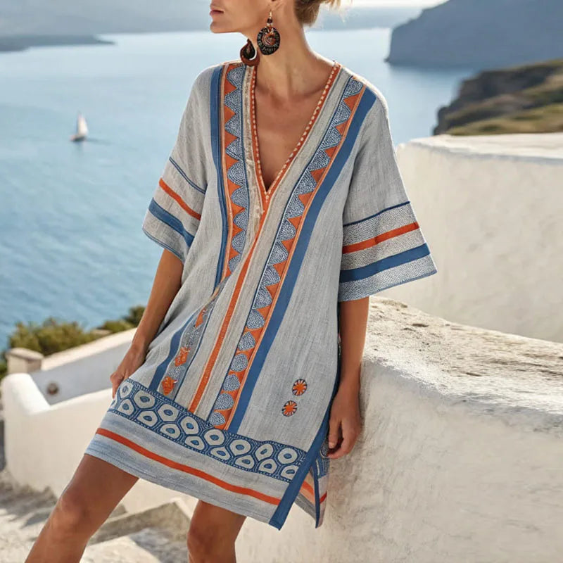 Beth Women's Dress with a V-neck and Stripes in Orange, photo 1