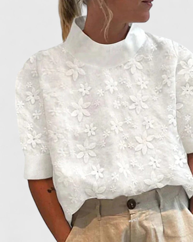Cami Women's Blouse with a Stand Collar with Short Sleeves and a Floral Print, photo 1
