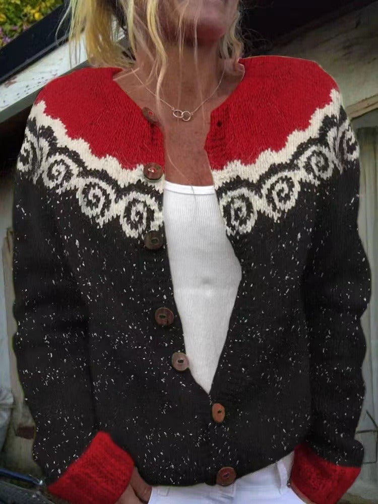 Dina Women's Cardigan with Buttons and a Nordic Knit Pattern and Colour Blocking, photo 1