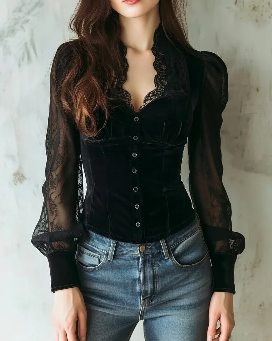 Estelle Women's Blouse in a Slim Fit with a V-neck and Lace, photo 1