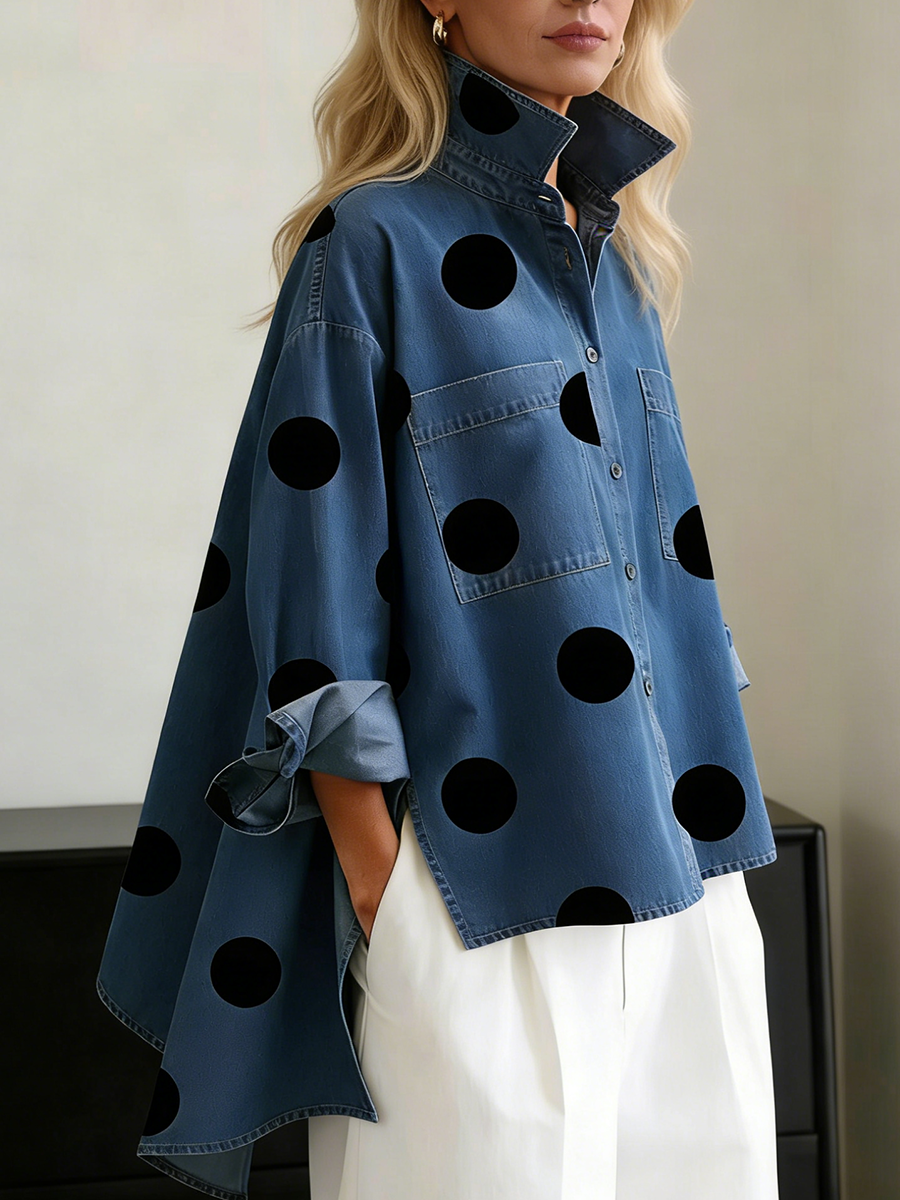 Honora Women's Cotton Denim Top with Polka Dots, photo 1