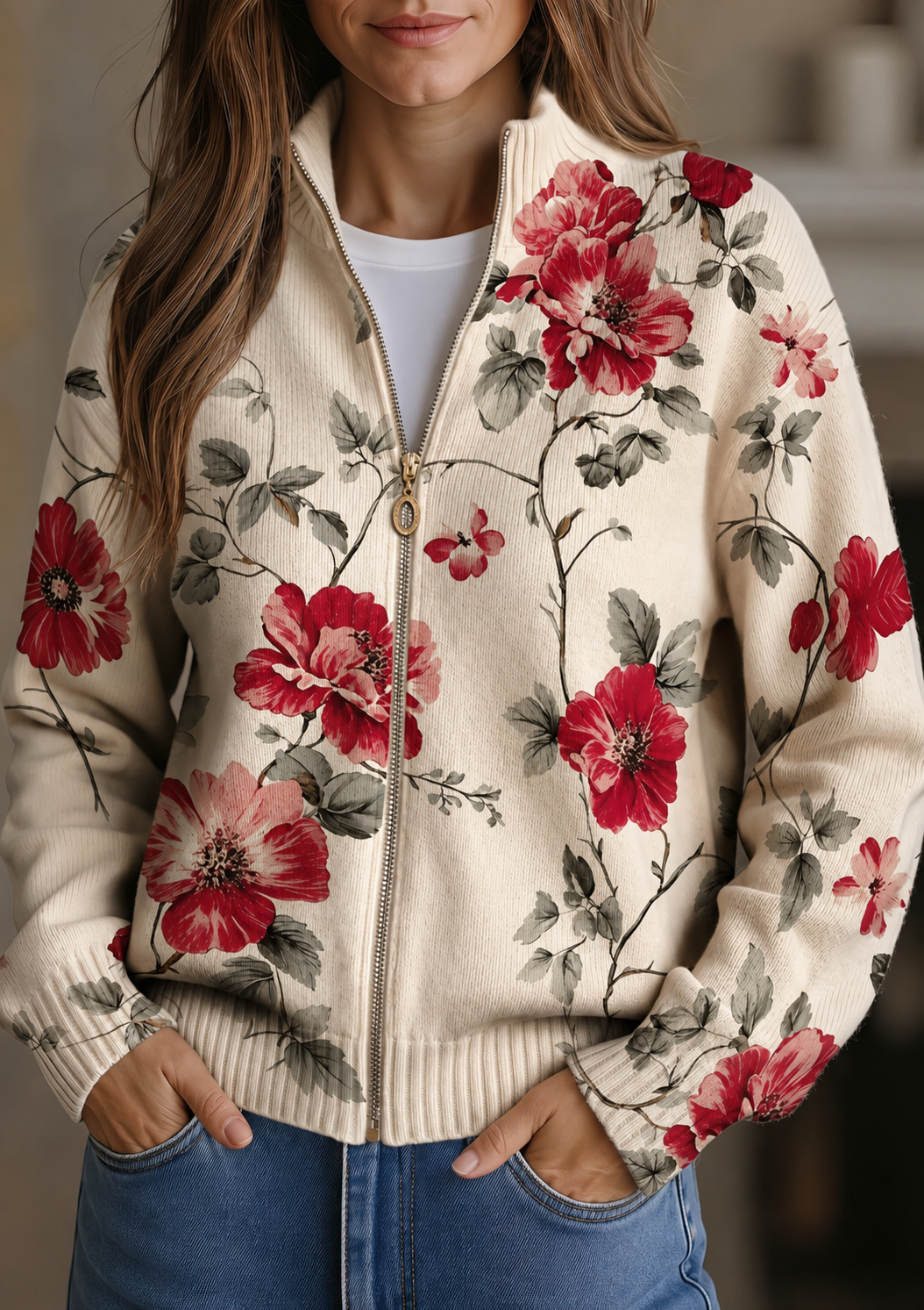 Iona Women's Cardigan in Ribbed Knit with a Zip and a Floral Print, photo 1