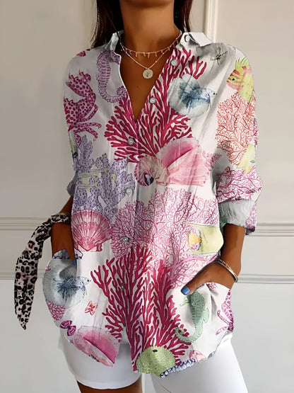 Madelyn Women's Blouse with Buttons and a Floral Print in Green, photo 3
