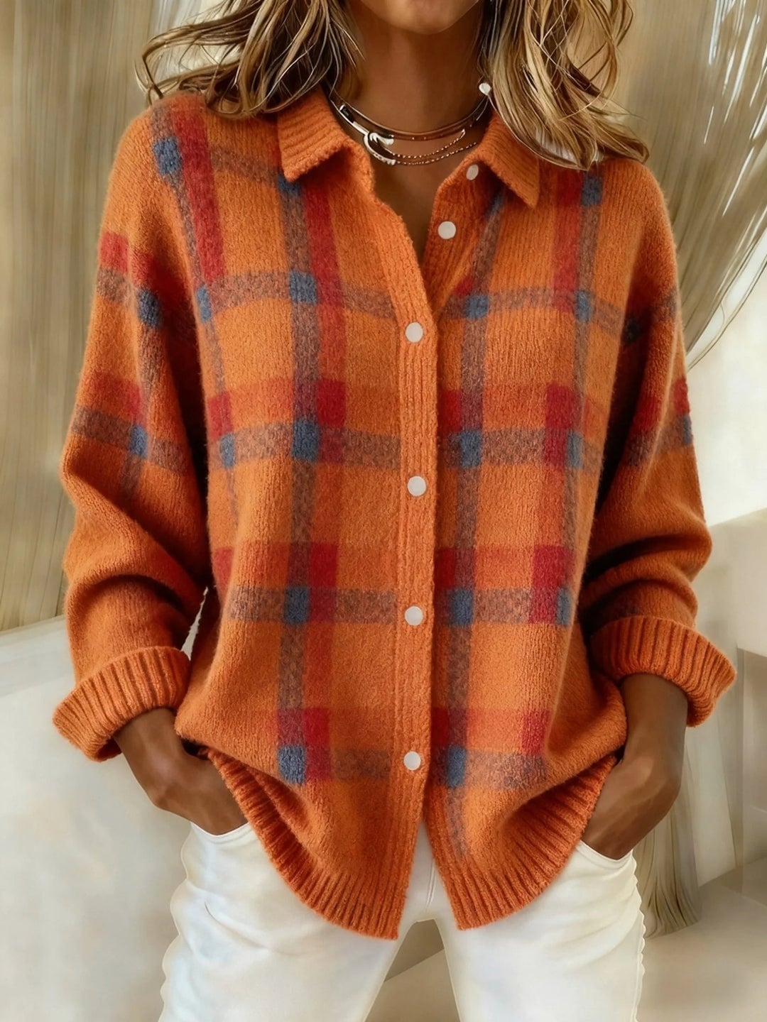 Maureen Women's Sweater in Knit with a Classic Collar and a Check Pattern, photo 1