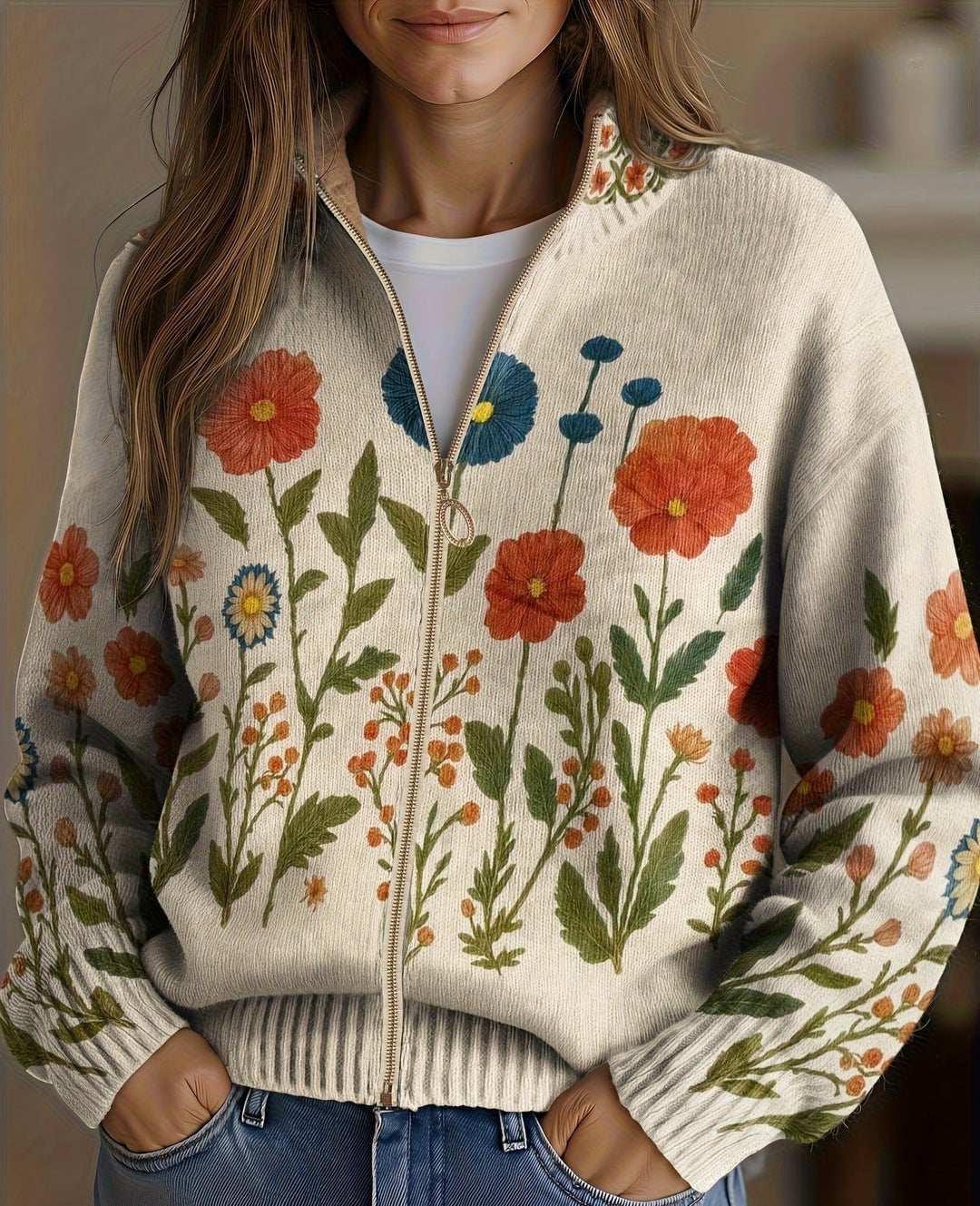 Rose Women's Cardigan in Knit with a Zip and a Floral Print, photo 1