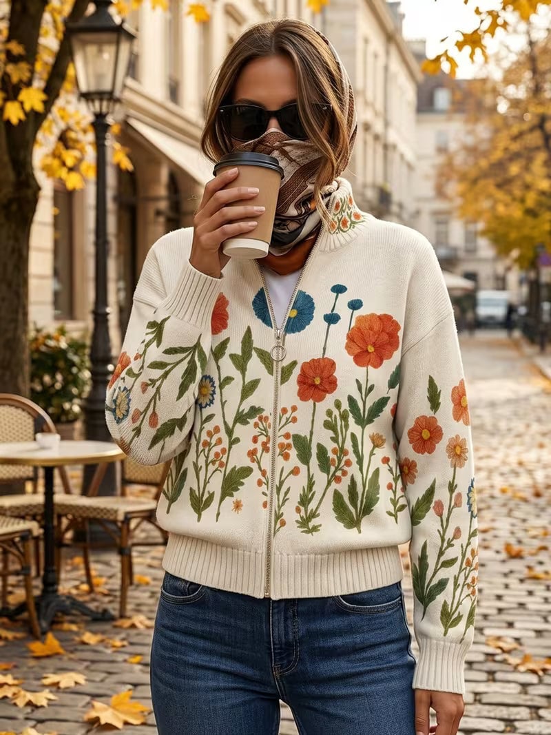 Rose Women's Cardigan in Knit with a Zip and a Floral Print, photo 2