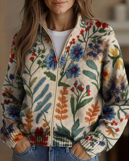 Tess Women's Cardigan in Knit with a Zip and a Floral Print and Pockets, photo 1