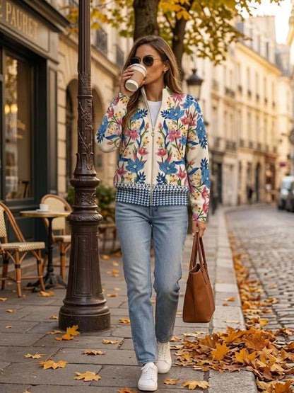 Tess Women's Cardigan in Knit with a Zip and a Floral Print and Pockets, photo 2