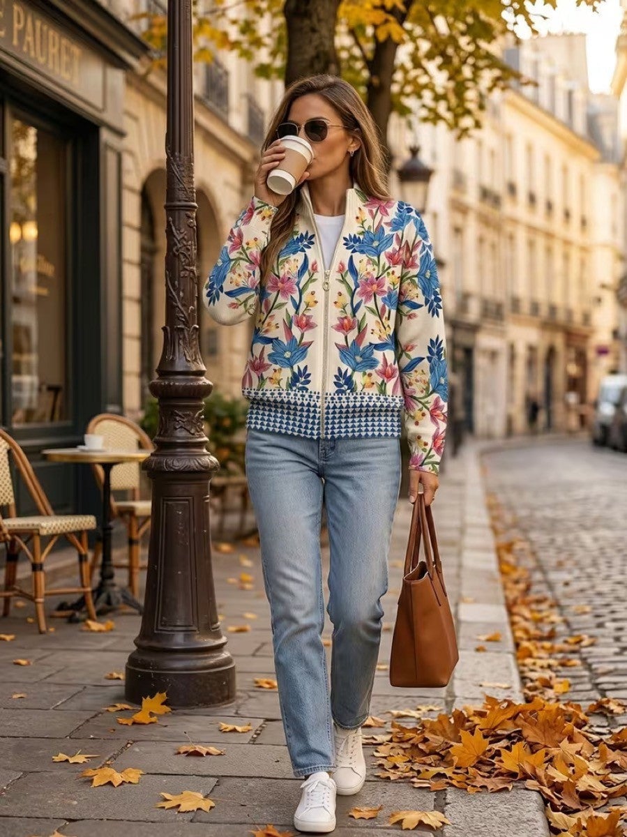 Tess Women's Cardigan in Knit with a Zip and a Floral Print and Pockets, photo 2