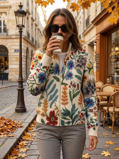 Tess Women's Cardigan in Knit with a Zip and a Floral Print and Pockets, photo 6