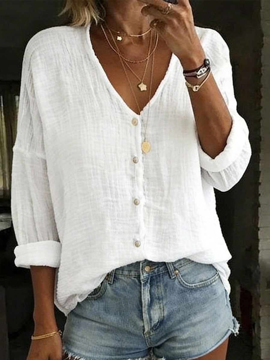Theodora Women's Cotton Linen Shirt with V Neck, photo 1