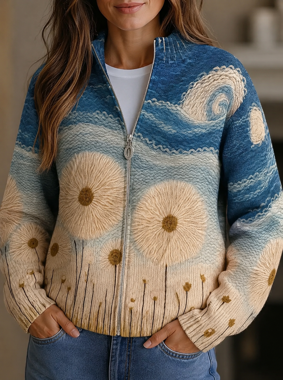 Vanessa Women's Cardigan in Knit with a Zip and a Dandelion Print, photo 1